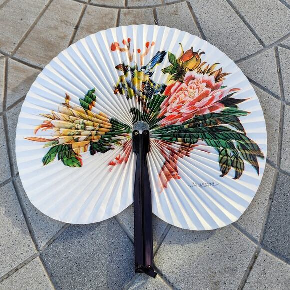 Vintage Hand Painted Floral Accordion Hand Held Paper Fan - Picture 1 of 10